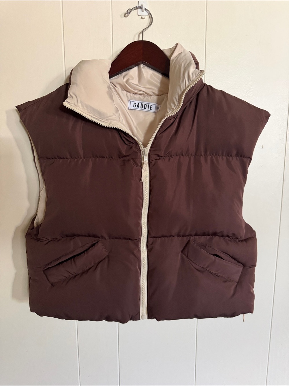 Gaudi' Sleeveless Puffer Vest in Brown and Cream w/ pockets!
